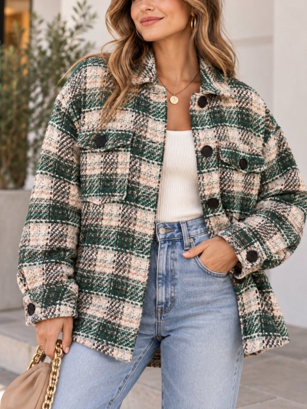 Zara Green Cream Plaid Tweed Shacket Jacket Italian Fabric Size XS Oversized